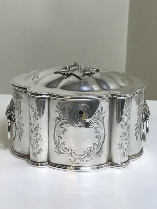 Antique Victorian English Silver - Plate Biscuit Tea Caddy Lion Head Signed Stamp