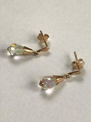 Vintage 9ct Gold Earrings Aurora Borealis Crystal Teardrop Droplet Dangle