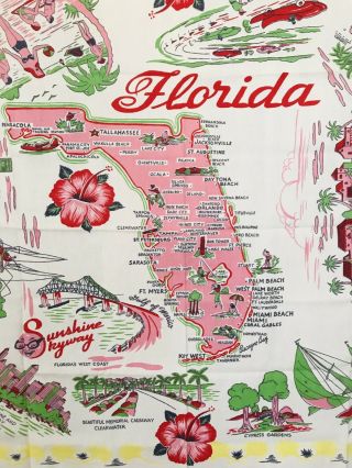 Vintage Florida State Printed Cotton Tablecloth 48” X 54”