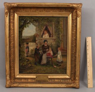 19thc Antique 1878 Folk Art Oil Painting,  Children Hair Cuts,  Rustic Barber