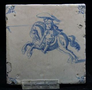 Antique 17th C Delft Blue Tile Dutch Civil Gard Officer,  Attack On Horse Ca.  1650