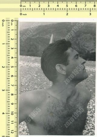 Shirtless Hairy Chest Man Portrait Handsome Guy Beach Gay Interest Vintage Photo
