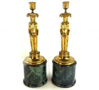 Pair Antique French Bronze Or Brass Egyptian Revivial Candlesticks Marbled Base