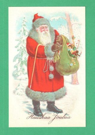 Vintage Finnish Christmas Postcard Santa Claus Sack Toys Cane Snow Forest