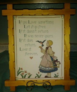 Vtg 16 " Framed Completed Cross Stitch Girl Flowers Bird If You Love Something Ex