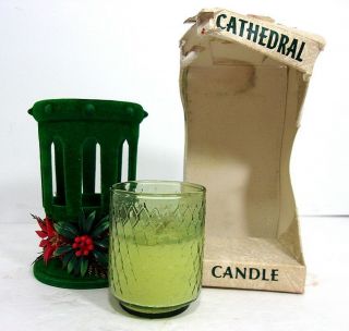 Vtg 1960s - 1970s Green Flocked Cathedral Candle E.  F.  Laurence - Candle Is