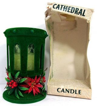 VTG 1960s - 1970s Green Flocked Cathedral Candle E.  F.  Laurence - Candle is 2