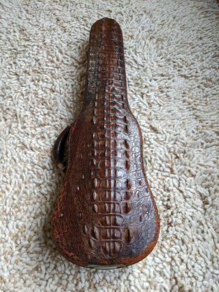 Antique Violin Case Alligator Leather 1920s 1930s Yellow Velvet Interior & Label
