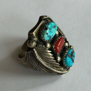 Vintage Antique Large Navajo Turquoise And Coral Mens Ring