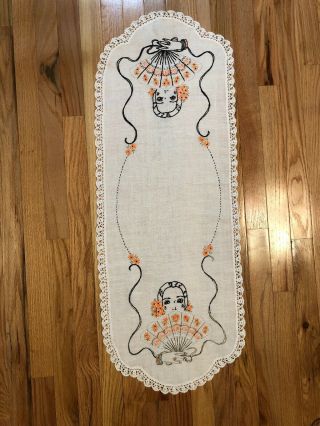 Vintage Linen Table Runner Dresser Scarf Embroidered woman With Fan 15x39 2