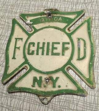 Vintage Tin Minoa York Fire Department Chief Sign Medallion Usa
