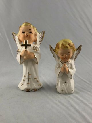 2 Vtg Japan Porcelain Angels Singing Praying Kneeling White Gold Girl Figurines