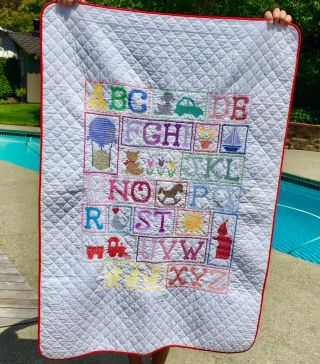 Vintage Handmade Baby Boy Girl Alphabet Abc Cross Stitch Quilt Blanket 57”x 39”