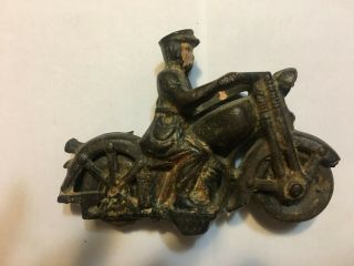 Vintage Old Cast Iron Patrol Motorcycle Bike With Policeman Rider