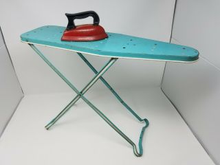 Vintage Kids Toy 20 " Metal Teal Turquoise Folding Ironing Board & Red Iron