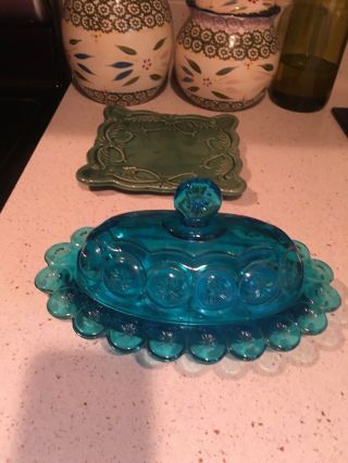 Butter Dish Glass Blue/green Vintage