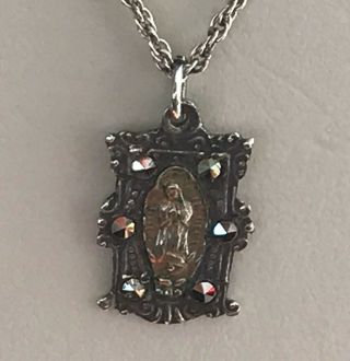 Vintage Sterling Silver Two Tone Marcasite Miraculous Mary Medal & Chain