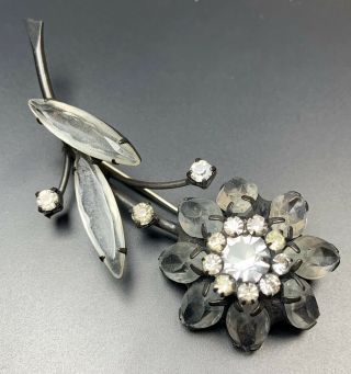 Vintage Brooch Pin Large 3” Flower Black Metal Clear Marquise Rhinestones Daisy