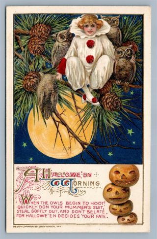 Halloween Antique 1912 Embossed Postcard By John Winsch Clown W/ Owls