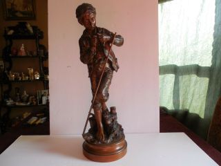 Antique 19thc Bronze Spelter Sculpture French Boy Fishing Sculpture Statue