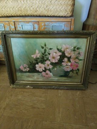 Antique Pink Rose Oil Painting On Canvas With Shabby Gesso Frame