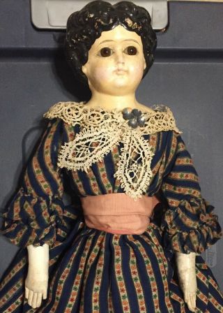 Antique Vintage Paper Mache China Head Doll Dark Eyes Orginal Clothes