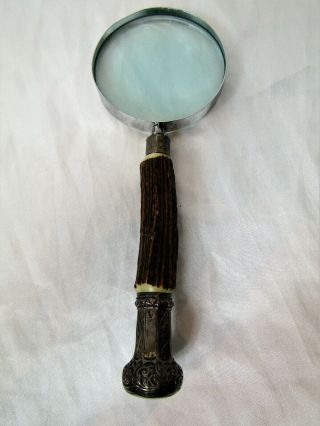 Vintage Antique Horn Handle (stag) And Silver Large Magnifying Glass 11”