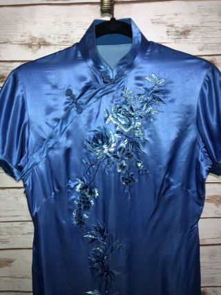 Antique 1900 Qipao Chinese Dress Blue Silk Embroidered Floral Cheongsam Vintage