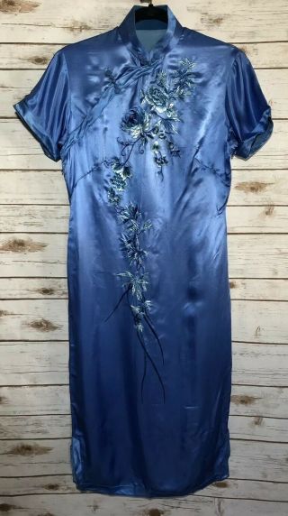 Antique 1900 Qipao Chinese Dress Blue Silk Embroidered Floral Cheongsam Vintage 2
