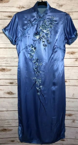 Antique 1900 Qipao Chinese Dress Blue Silk Embroidered Floral Cheongsam Vintage 3