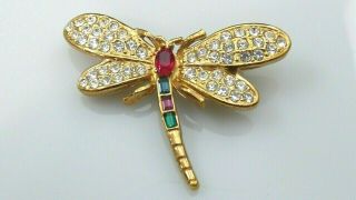 Vintage Dragonfly Brooch Pin Pavé Crystal Rhinestones Gold Tone Signed Roman