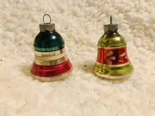 2 Vintage Shiny Brite Mercury Glass Striped Bell Christmas Tree Ornaments