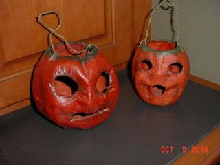 2 Vintage Paper Mache Halloween Jack - O - Lantern Pumpkins