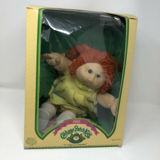 Vintage 1985 Cabbage Patch Doll Red Hair Blue Eyes Yellow Dress -