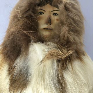 Vintage 15” Inuit Eskimo Doll Fur Leather Wood 2