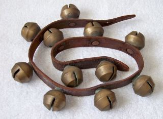 Vtg/antique 11 Solid Brass 1 - 1/4 " Unmarked Sleigh Jingle Bells On Leather Strap
