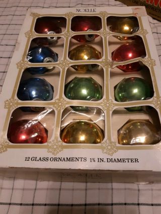 Vintage NOELLE Glass Christmas Ornaments 2 1/4” Diameter.  (12) 2