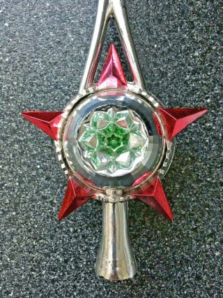 Vintage Disco Ball Star Christmas Tree Topper Hard Plastic Red Silver Green 9.  5 "