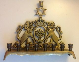 Antique Vintage Jewish Lions Of Judea Solid Brass Footed Menorah Star Of David