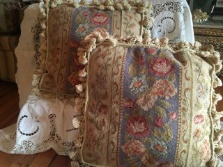 2 Vtg Needlepoint Shabby Chic French Country Floral Rose Fringed Throw Pillows