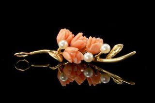 Vintage Chinese 14k Gold Carved Rose Pink Coral Pearls Flower Pendant