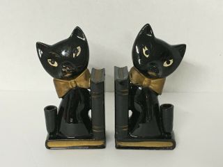 Vintage Black And Gold Cat Kitty Bookends With Pen Holder Made In Japan