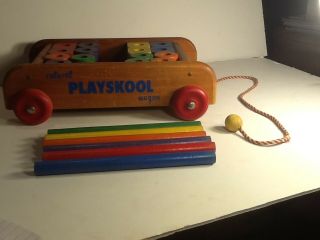 Vintage Playskool Wooden Wagon With Blocks Colorol