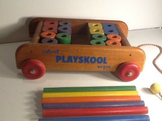 Vintage Playskool Wooden Wagon With Blocks Colorol 2