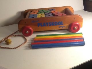 Vintage Playskool Wooden Wagon With Blocks Colorol 3