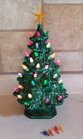 Vintage Holland Mold 12 Inch Green Ceramic Christmas Tree Lighted Star Holiday