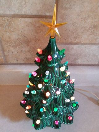 Vintage Holland Mold 12 inch Green Ceramic Christmas Tree Lighted Star Holiday 2
