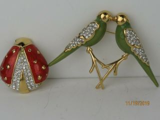 Vintage Signed Givenchy Two Birds Gold Tone Rhinestone Ladybug Paris Ny 2 Brooch