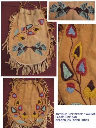 Antique Nez Perce Yakima Bag Large 13 " W.  Songbirds & Branches (plateau,  Flatbag)