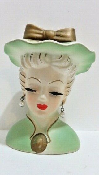 Vintage Green Lady Head Vase Lee Wards Japan With Pearl Ear Rings